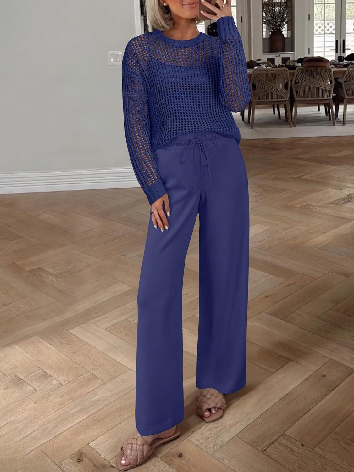 imageANRABESS Womens 2 Piece Outfits Crochet Sheer Knit Sweater Top Wide Leg Pants Lounge Sets Sweatsuit 2025 Fall Travel ClothesNavy Blue