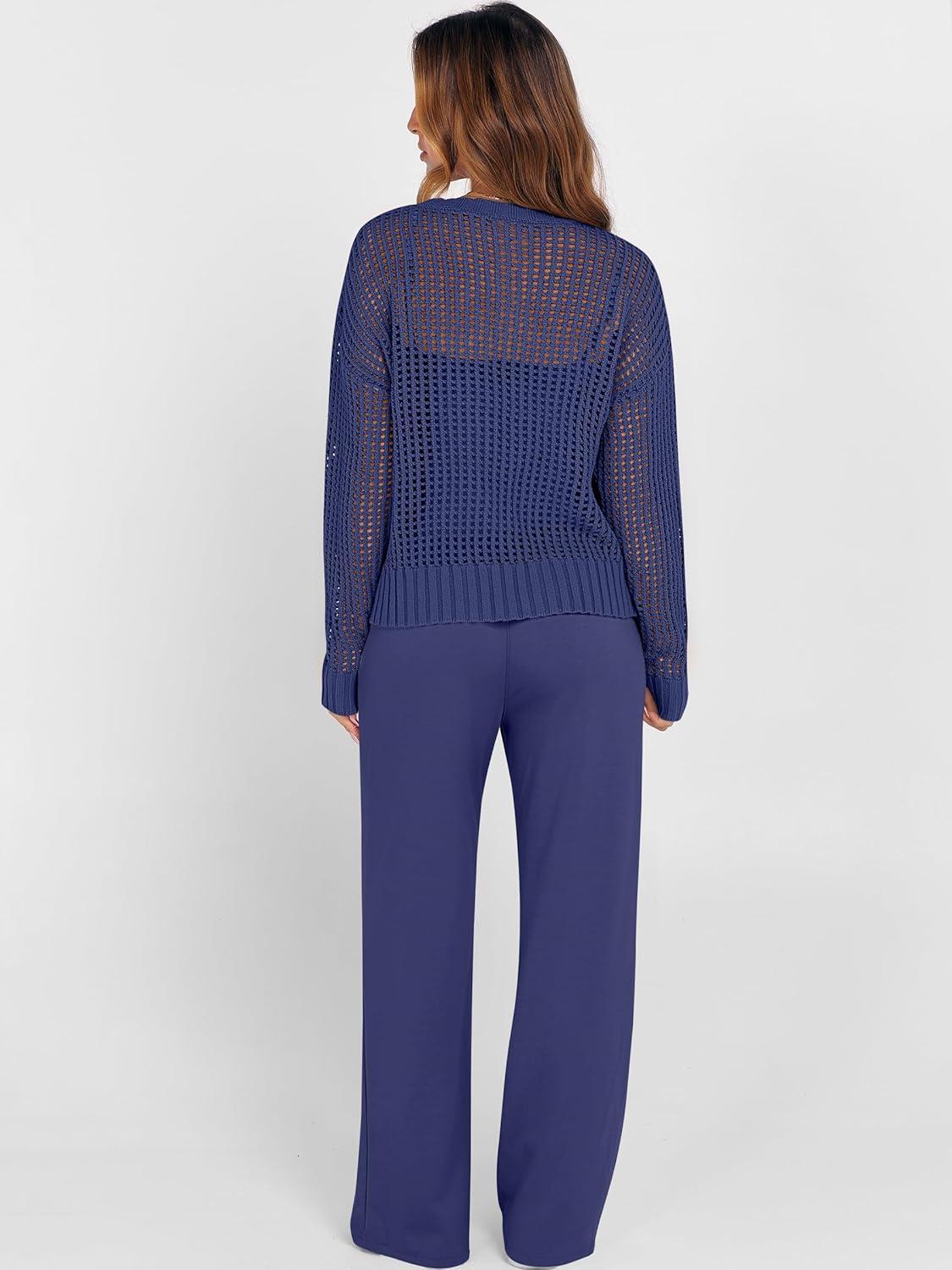 imageANRABESS Womens 2 Piece Outfits Crochet Sheer Knit Sweater Top Wide Leg Pants Lounge Sets Sweatsuit 2025 Fall Travel ClothesNavy Blue