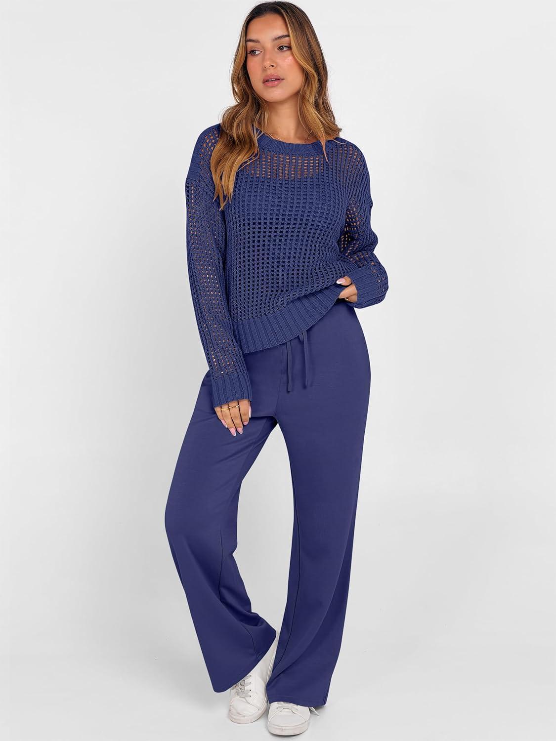 imageANRABESS Womens 2 Piece Outfits Crochet Sheer Knit Sweater Top Wide Leg Pants Lounge Sets Sweatsuit 2025 Fall Travel ClothesNavy Blue