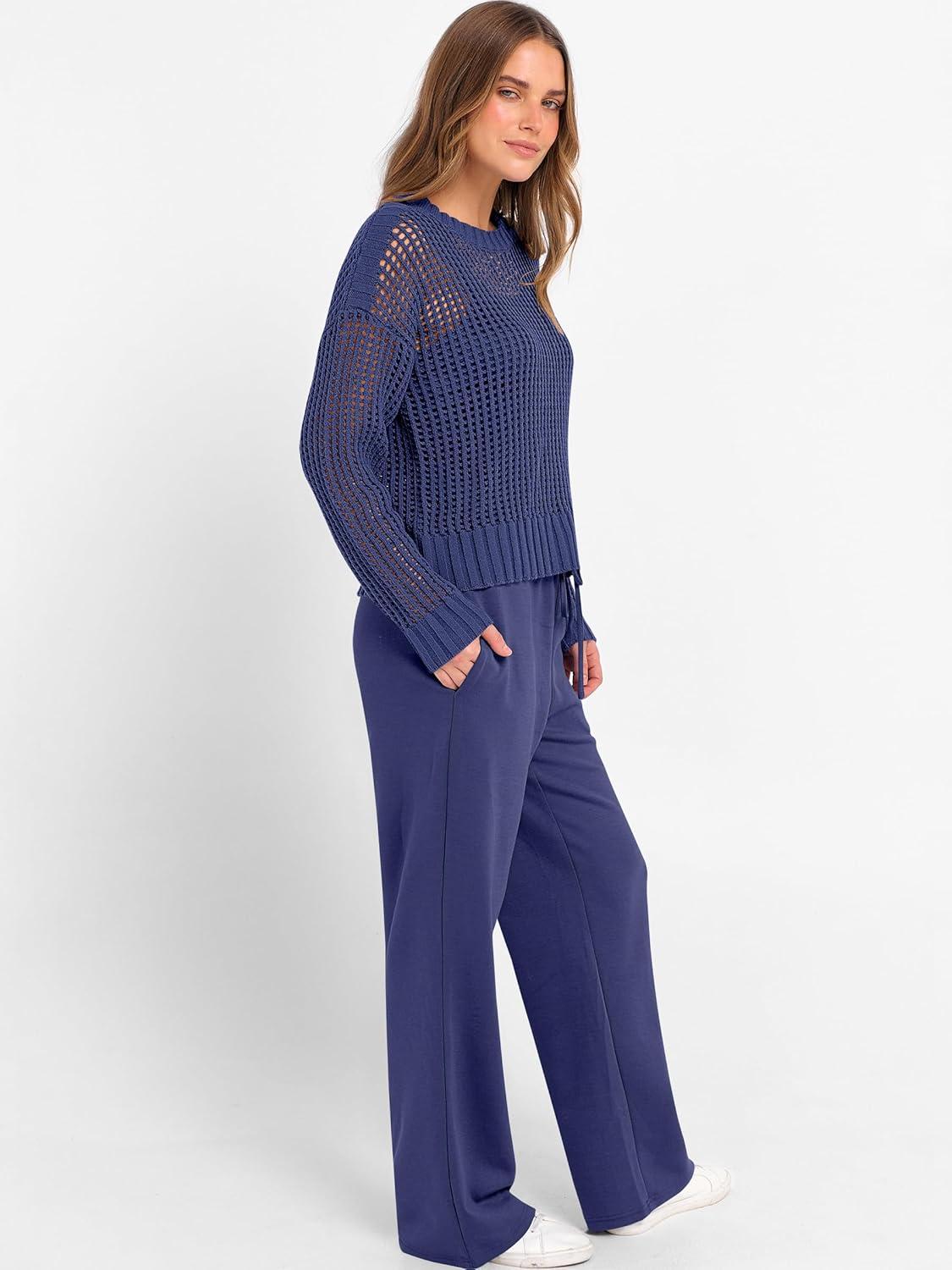imageANRABESS Womens 2 Piece Outfits Crochet Sheer Knit Sweater Top Wide Leg Pants Lounge Sets Sweatsuit 2025 Fall Travel ClothesNavy Blue