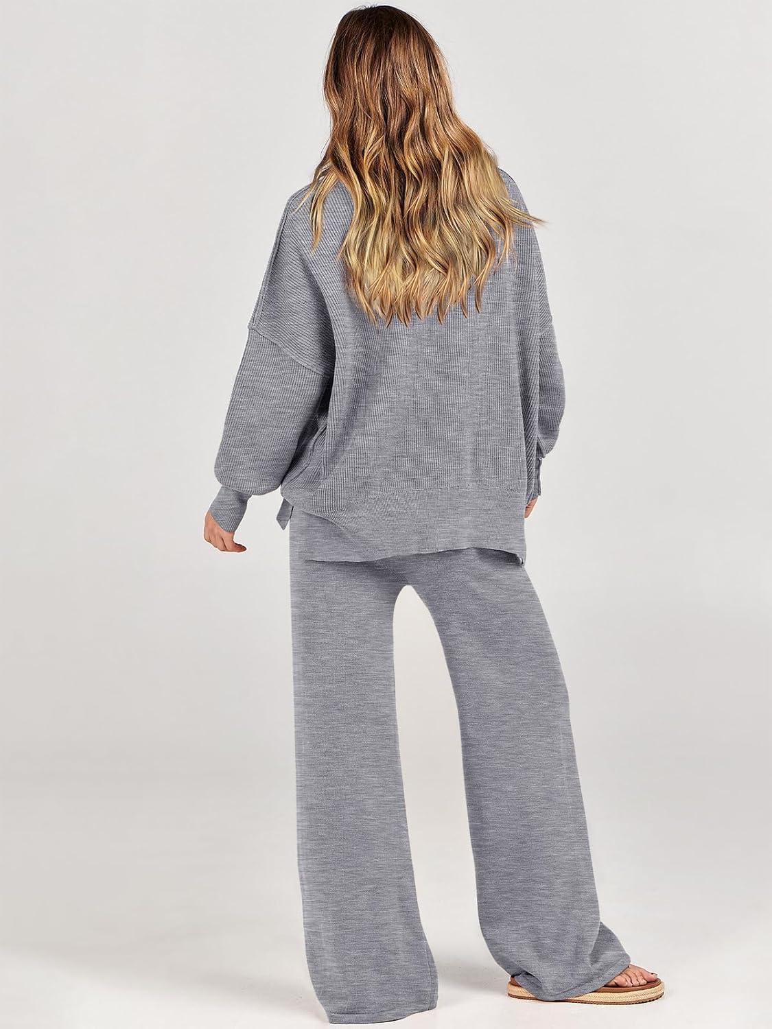imageANRABESS Womens 2 Piece Outfits Fall Lounge Set 2025 Oversized Chunky Knit Sweater Top Wide Leg Pants Loungewear ClothesDark Grey