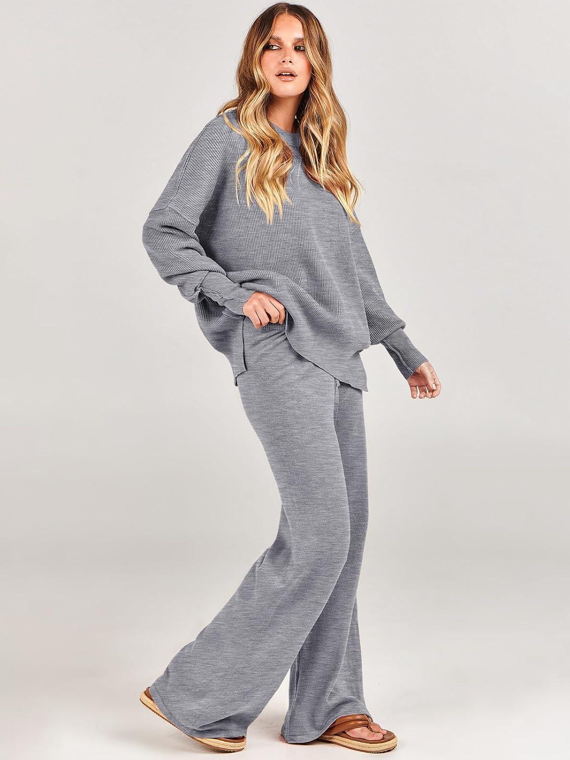 imageANRABESS Womens 2 Piece Outfits Fall Lounge Set 2025 Oversized Chunky Knit Sweater Top Wide Leg Pants Loungewear ClothesDark Grey