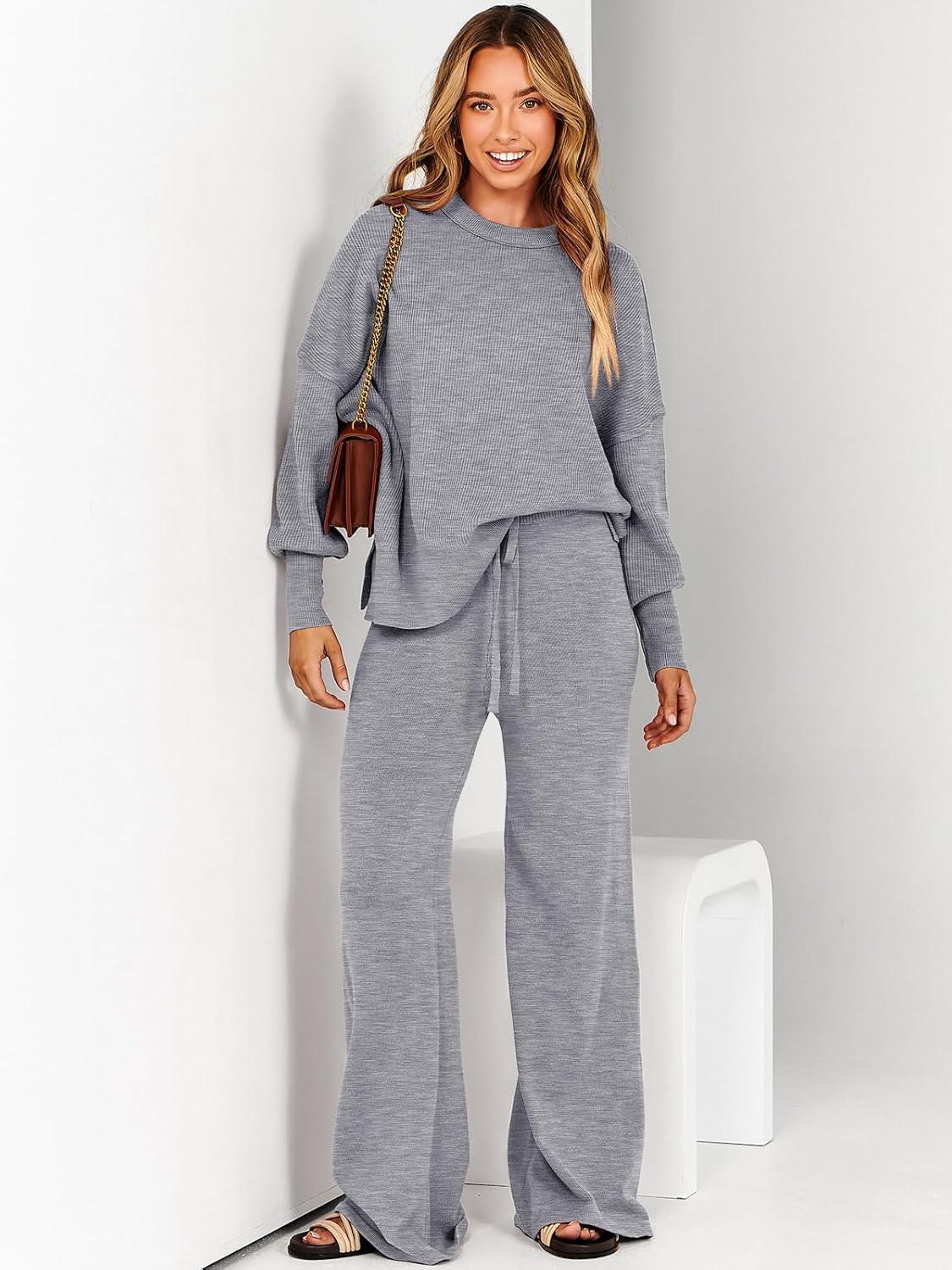 imageANRABESS Womens 2 Piece Outfits Fall Lounge Set 2025 Oversized Chunky Knit Sweater Top Wide Leg Pants Loungewear ClothesDark Grey