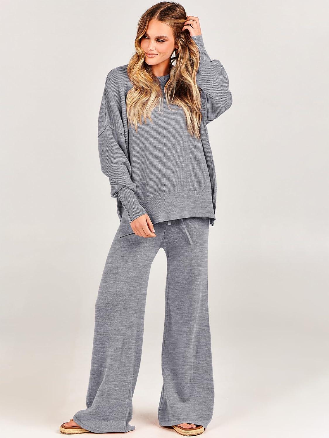 imageANRABESS Womens 2 Piece Outfits Fall Lounge Set 2025 Oversized Chunky Knit Sweater Top Wide Leg Pants Loungewear ClothesDark Grey