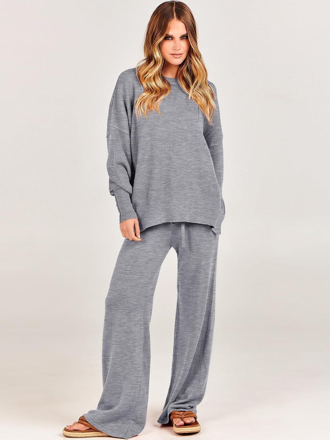 imageANRABESS Womens 2 Piece Outfits Fall Lounge Set 2025 Oversized Chunky Knit Sweater Top Wide Leg Pants Loungewear ClothesDark Grey