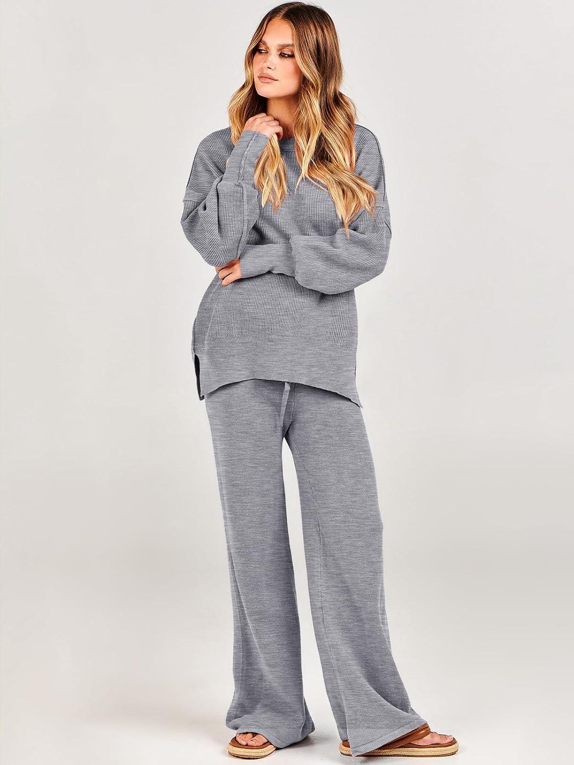 imageANRABESS Womens 2 Piece Outfits Fall Lounge Set 2025 Oversized Chunky Knit Sweater Top Wide Leg Pants Loungewear ClothesDark Grey