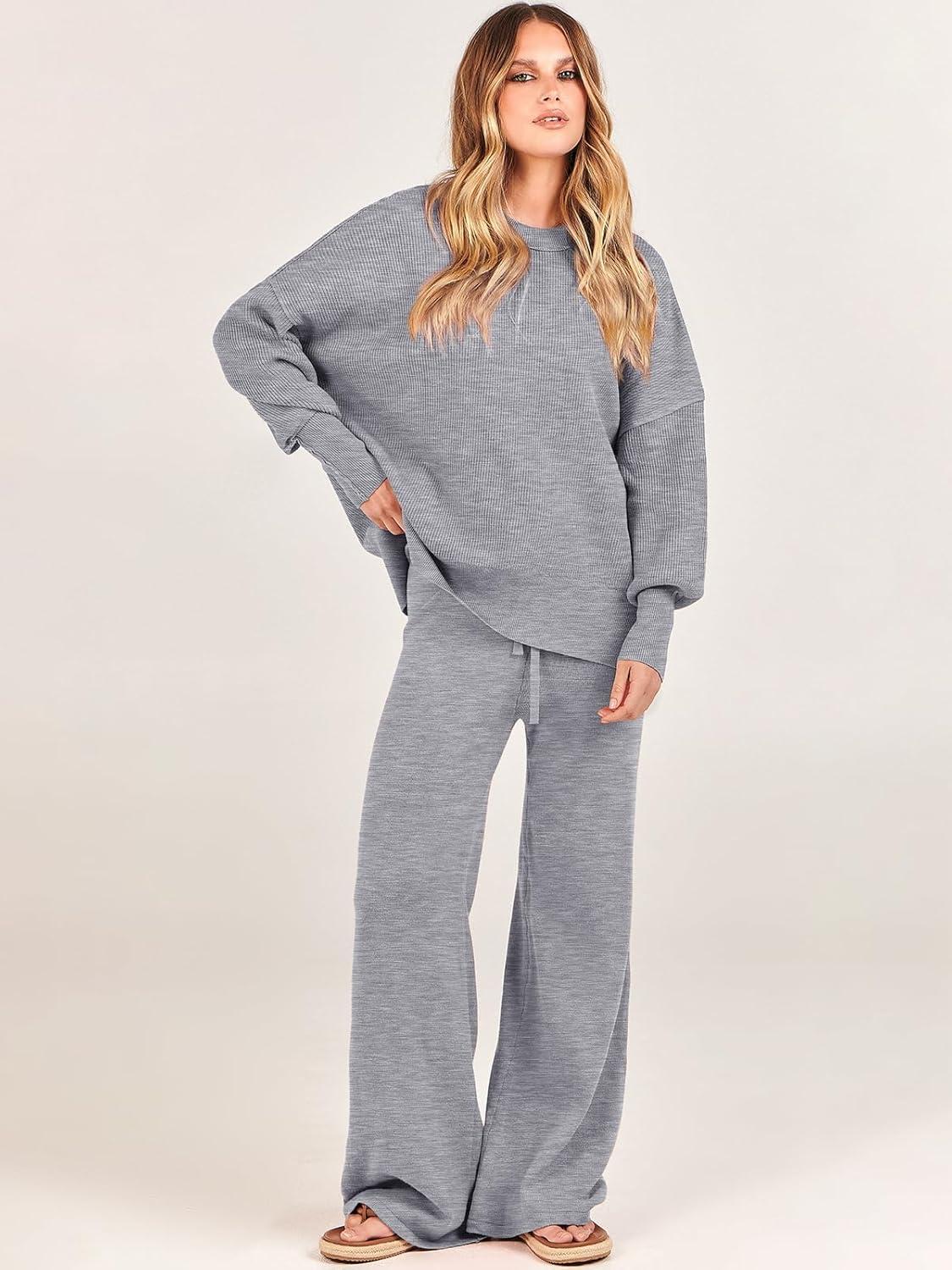 imageANRABESS Womens 2 Piece Outfits Fall Lounge Set 2025 Oversized Chunky Knit Sweater Top Wide Leg Pants Loungewear ClothesDark Grey