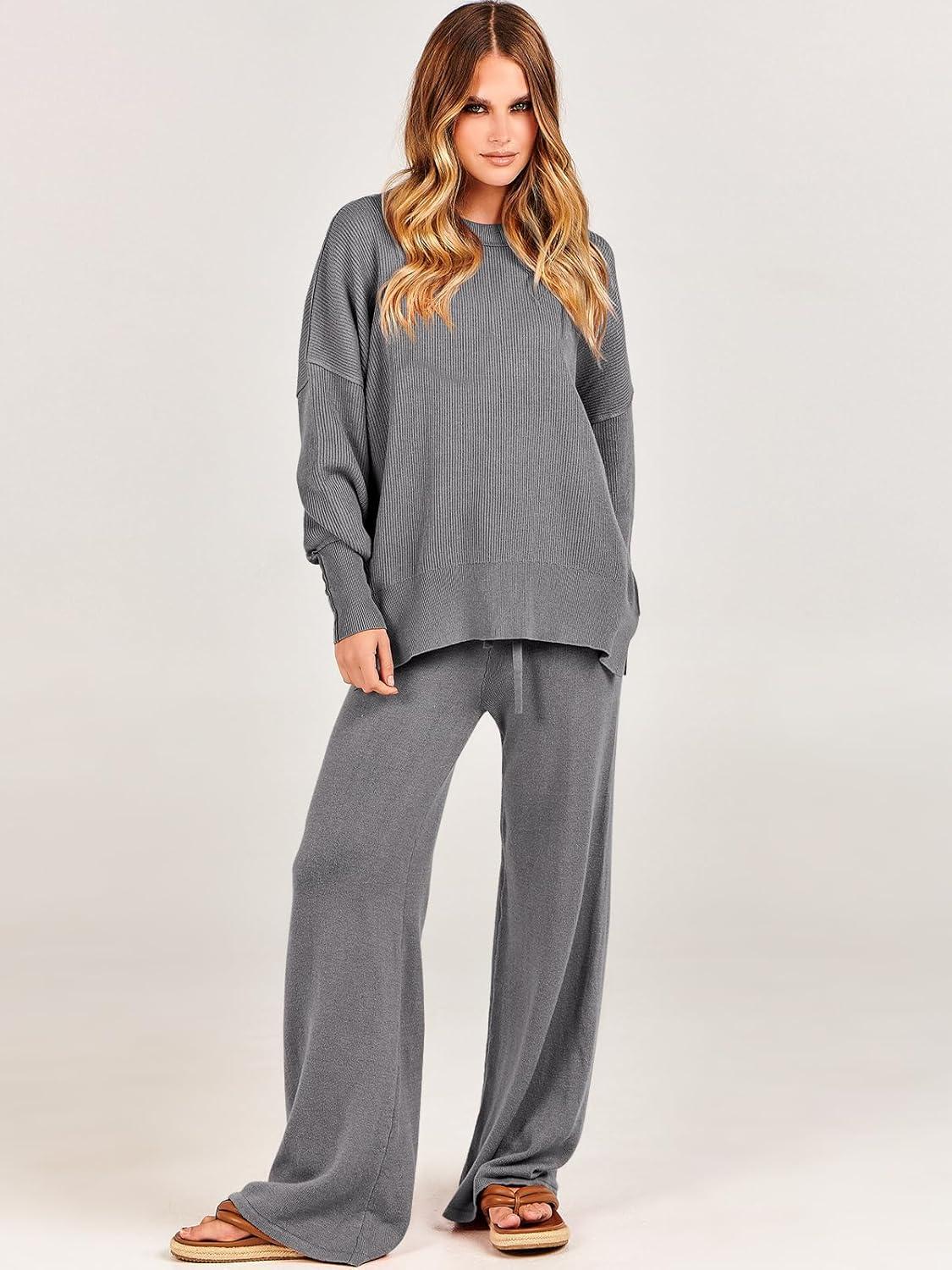 imageANRABESS Womens 2 Piece Outfits Fall Lounge Set 2025 Oversized Chunky Knit Sweater Top Wide Leg Pants Loungewear ClothesGray