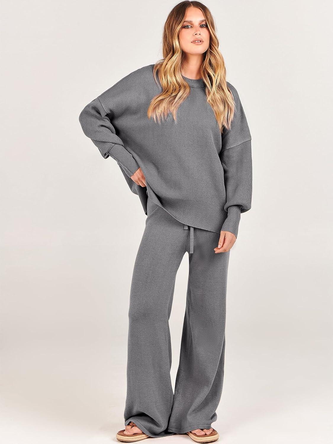 imageANRABESS Womens 2 Piece Outfits Fall Lounge Set 2025 Oversized Chunky Knit Sweater Top Wide Leg Pants Loungewear ClothesGray