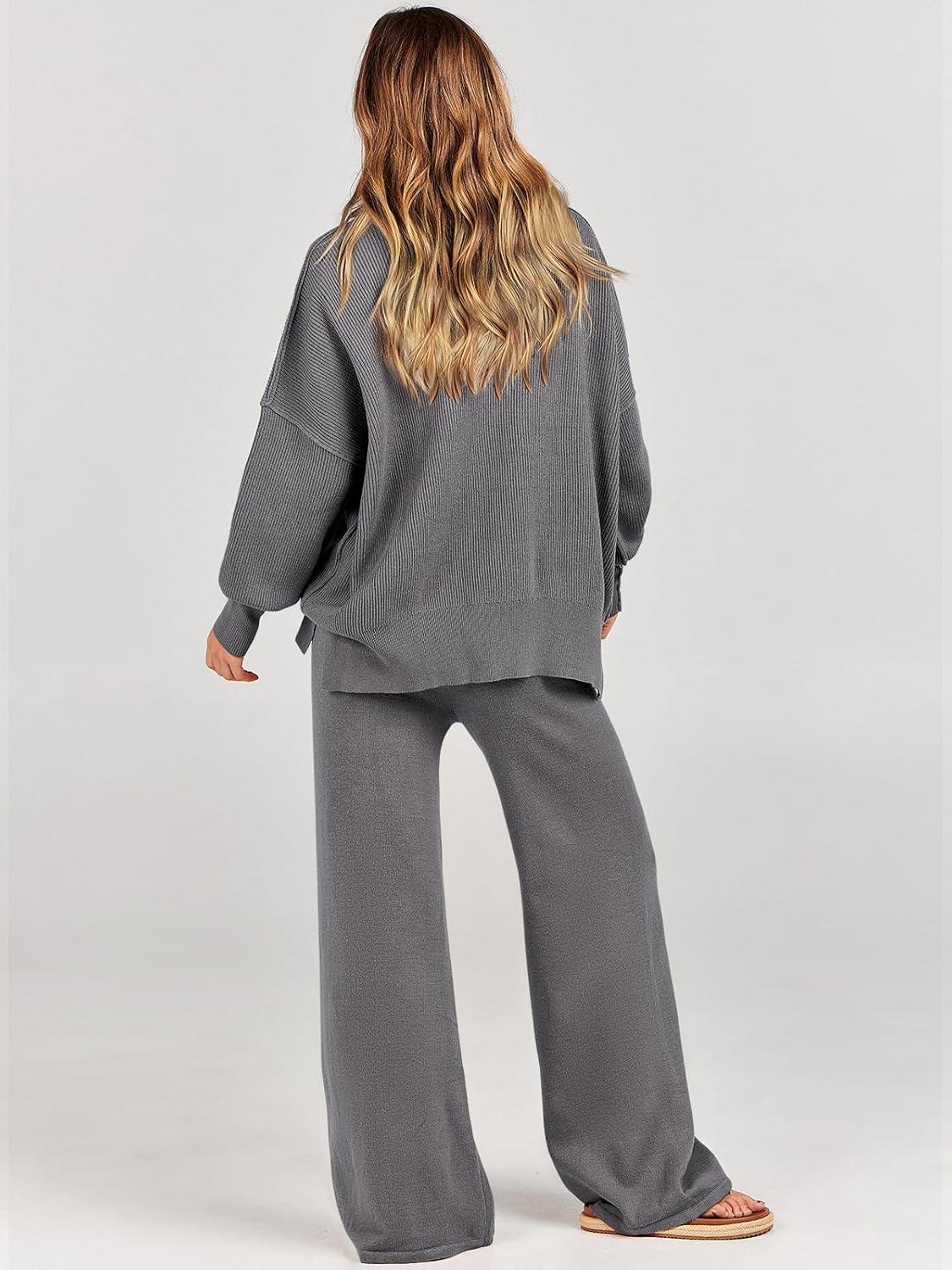 imageANRABESS Womens 2 Piece Outfits Fall Lounge Set 2025 Oversized Chunky Knit Sweater Top Wide Leg Pants Loungewear ClothesGray