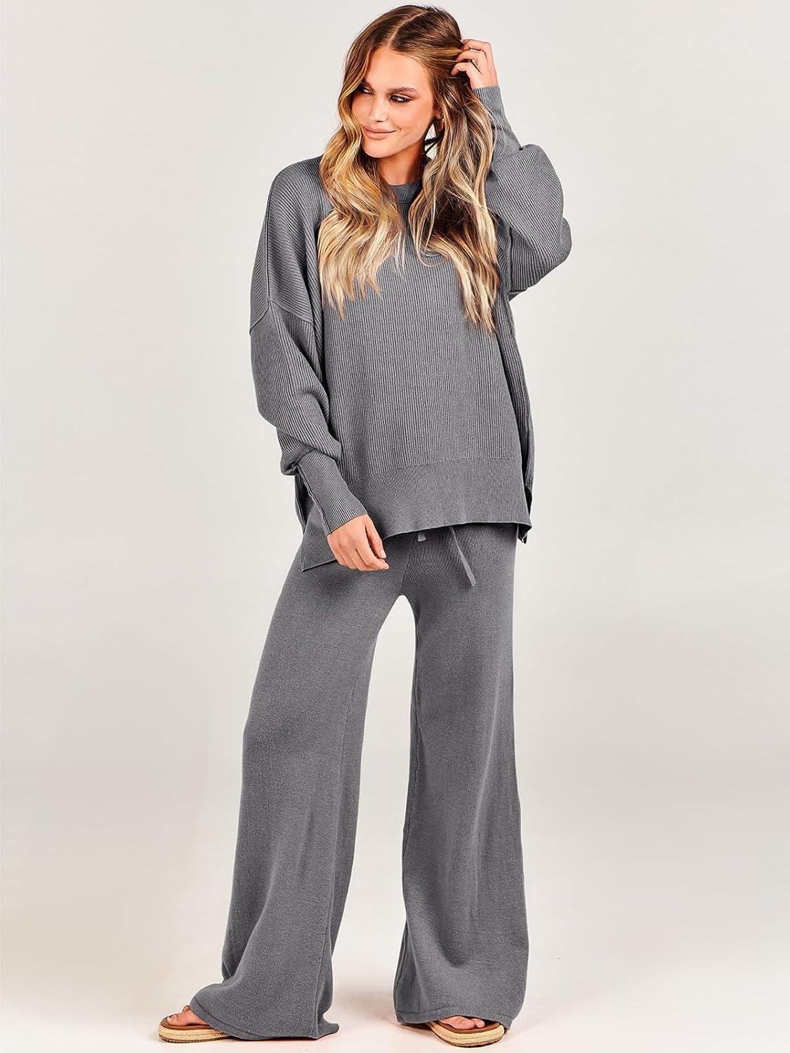 imageANRABESS Womens 2 Piece Outfits Fall Lounge Set 2025 Oversized Chunky Knit Sweater Top Wide Leg Pants Loungewear ClothesGray
