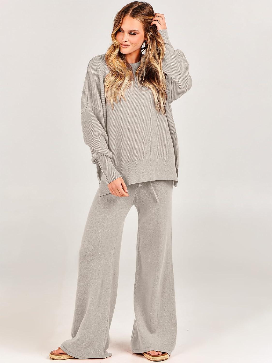 imageANRABESS Womens 2 Piece Outfits Fall Lounge Set 2025 Oversized Chunky Knit Sweater Top Wide Leg Pants Loungewear ClothesLight Grey