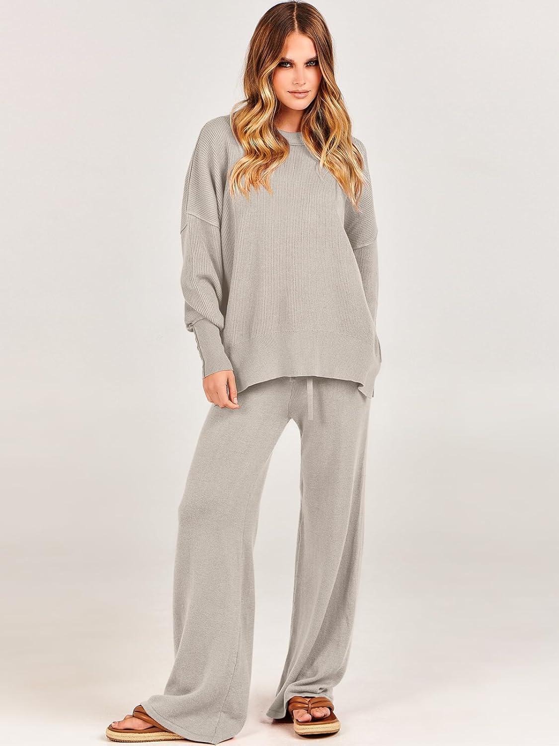 imageANRABESS Womens 2 Piece Outfits Fall Lounge Set 2025 Oversized Chunky Knit Sweater Top Wide Leg Pants Loungewear ClothesLight Grey