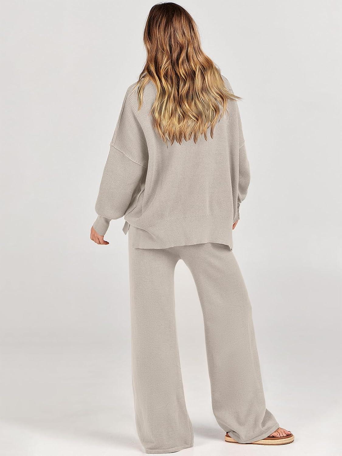imageANRABESS Womens 2 Piece Outfits Fall Lounge Set 2025 Oversized Chunky Knit Sweater Top Wide Leg Pants Loungewear ClothesLight Grey