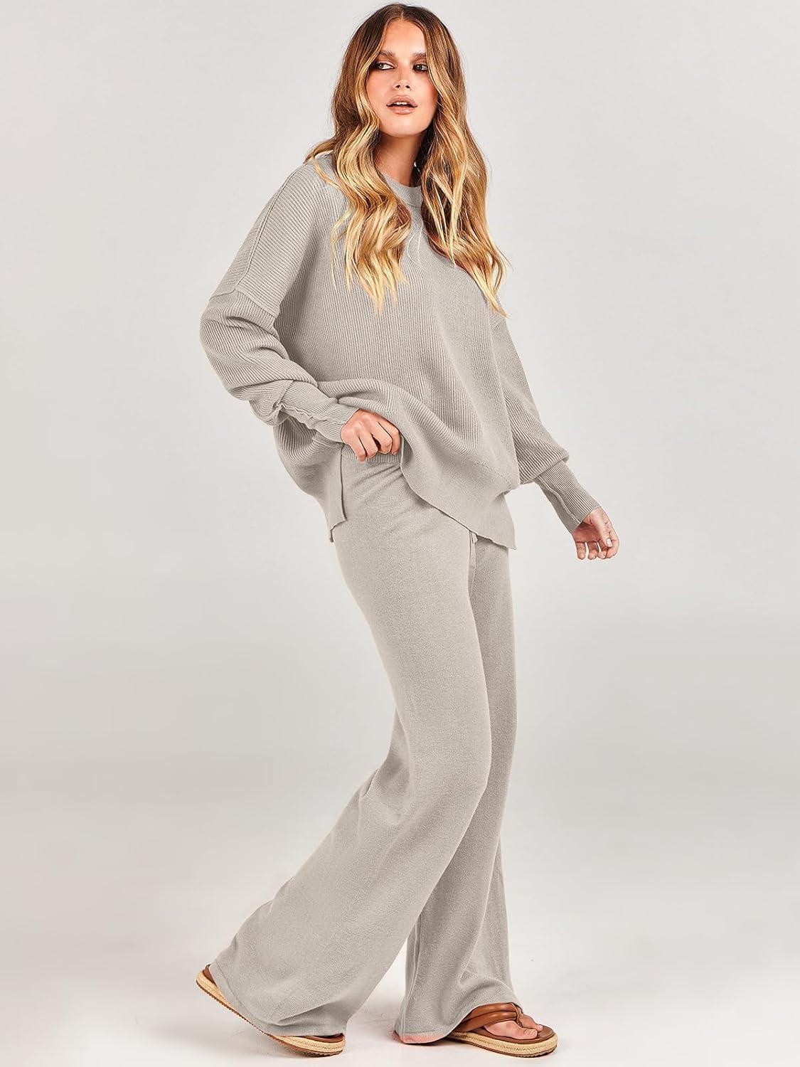 imageANRABESS Womens 2 Piece Outfits Fall Lounge Set 2025 Oversized Chunky Knit Sweater Top Wide Leg Pants Loungewear ClothesLight Grey
