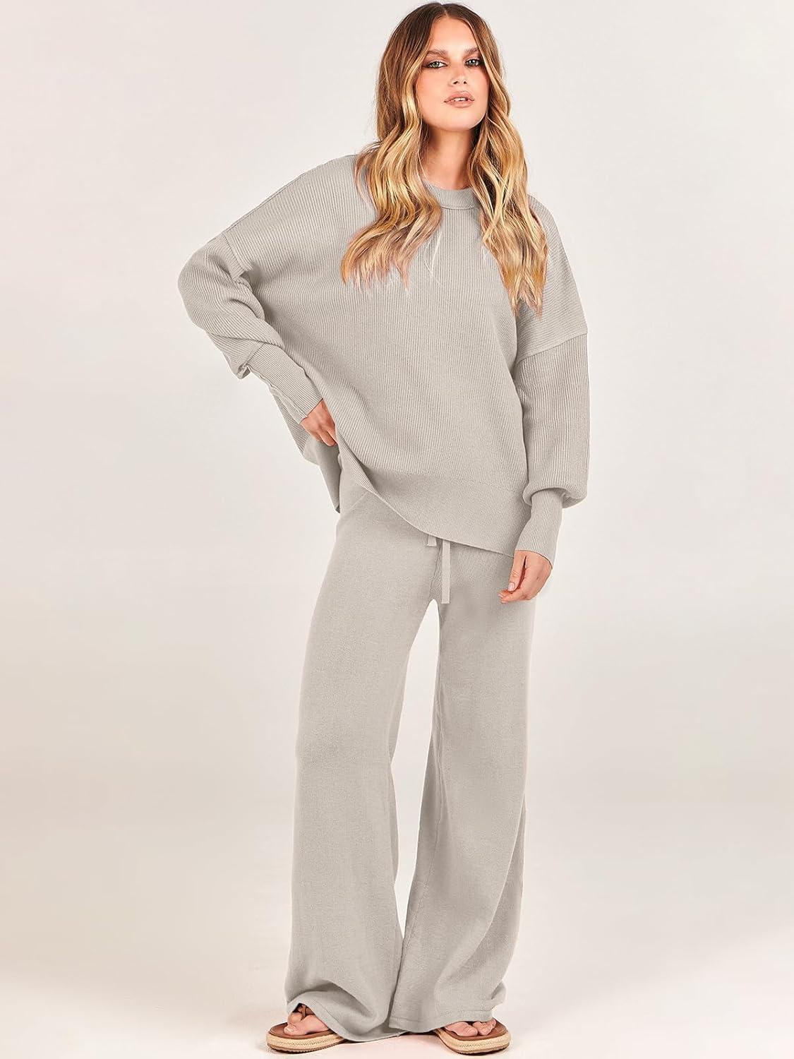 imageANRABESS Womens 2 Piece Outfits Fall Lounge Set 2025 Oversized Chunky Knit Sweater Top Wide Leg Pants Loungewear ClothesLight Grey