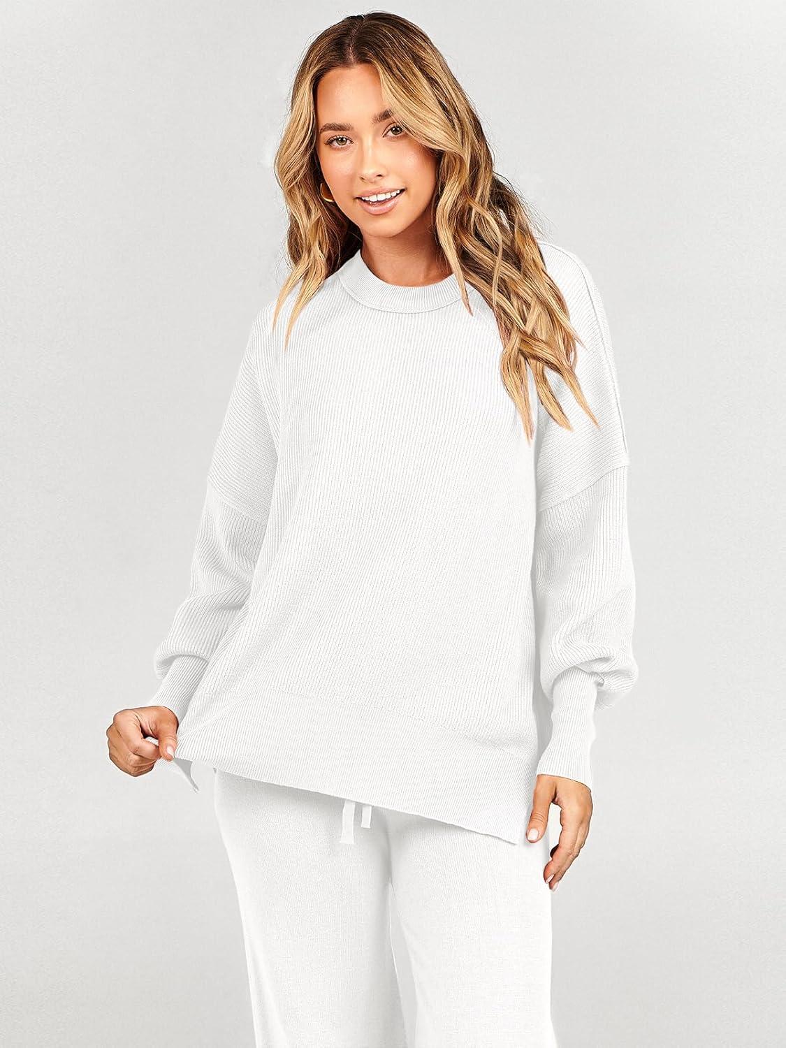 imageANRABESS Womens 2 Piece Outfits Fall Lounge Set 2025 Oversized Chunky Knit Sweater Top Wide Leg Pants Loungewear ClothesWhite