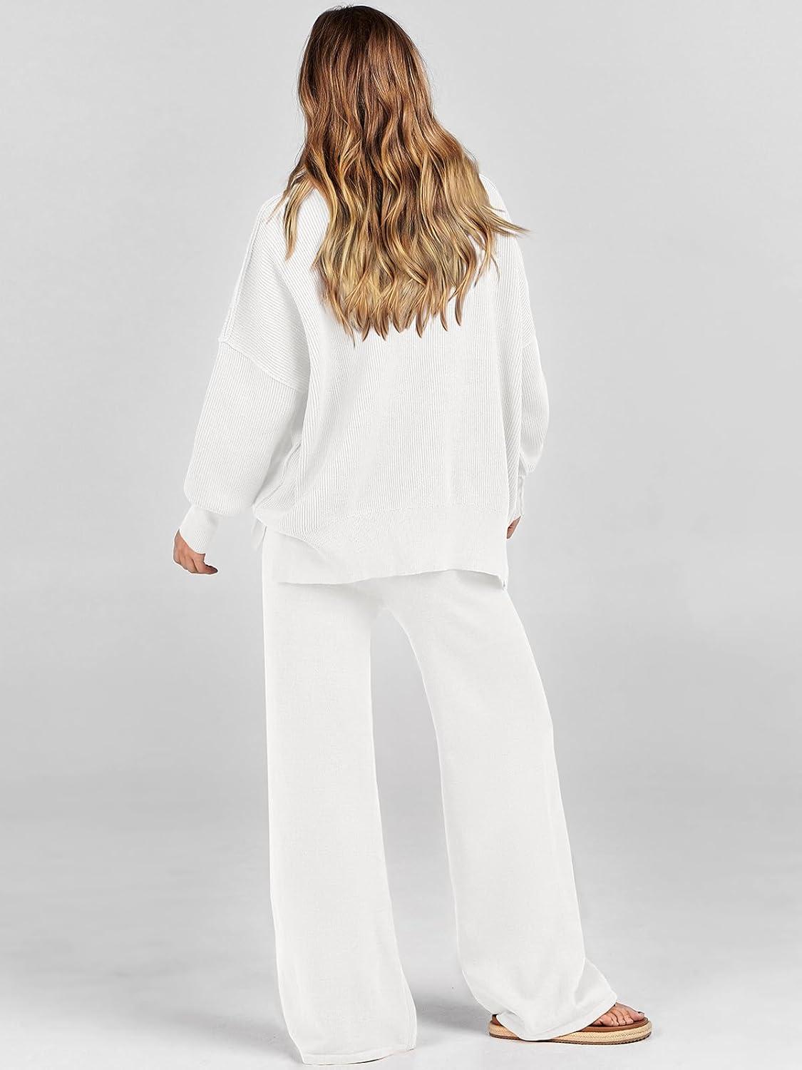 imageANRABESS Womens 2 Piece Outfits Fall Lounge Set 2025 Oversized Chunky Knit Sweater Top Wide Leg Pants Loungewear ClothesWhite