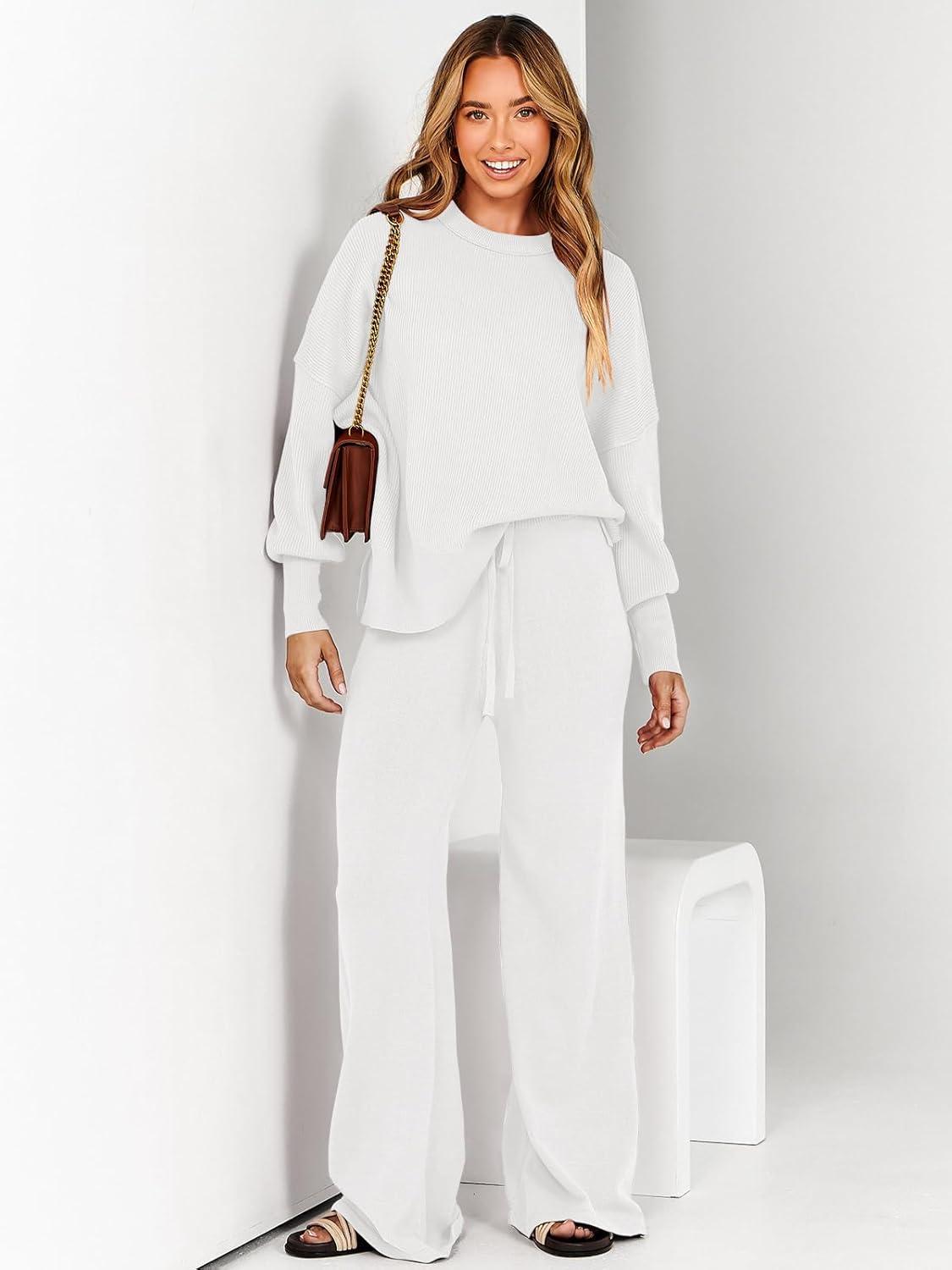 imageANRABESS Womens 2 Piece Outfits Fall Lounge Set 2025 Oversized Chunky Knit Sweater Top Wide Leg Pants Loungewear ClothesWhite