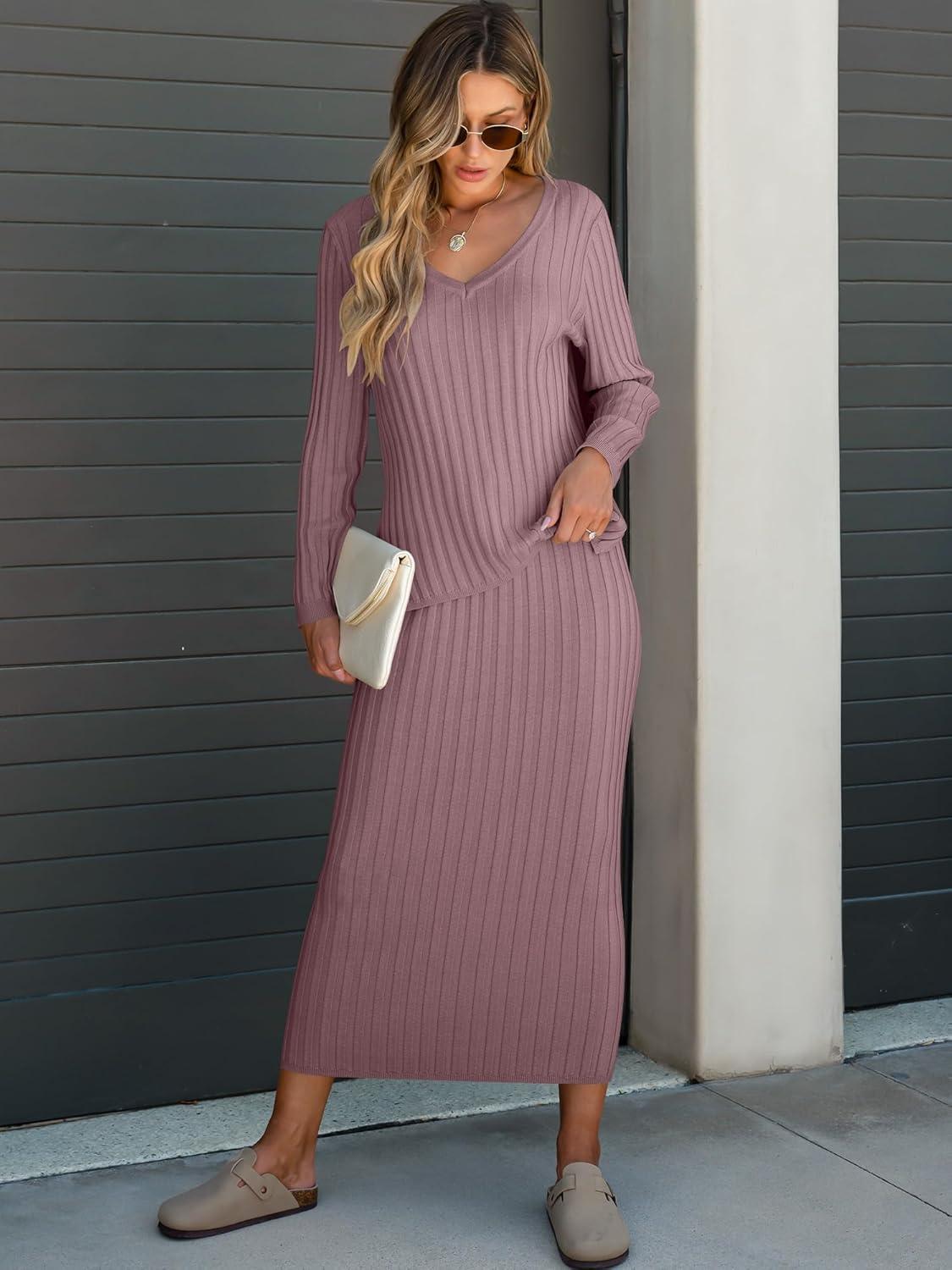 imageANRABESS Womens 2 Piece Outfits Sweater Skirt Sets Casual Long Sleeve V Neck Ribbed Knit Tops Midi Dress 2025 Fall FashionLight Purple