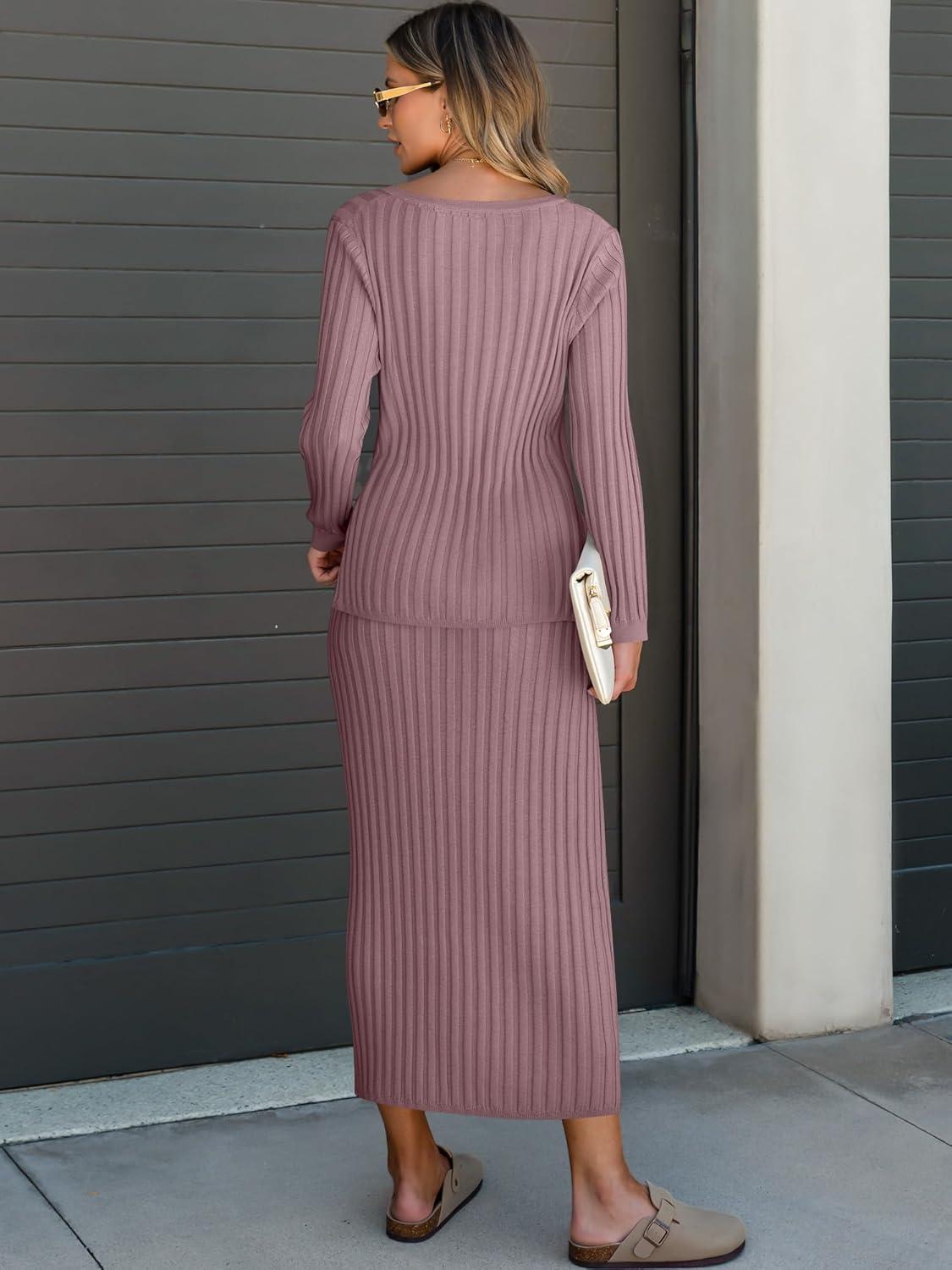 imageANRABESS Womens 2 Piece Outfits Sweater Skirt Sets Casual Long Sleeve V Neck Ribbed Knit Tops Midi Dress 2025 Fall FashionLight Purple