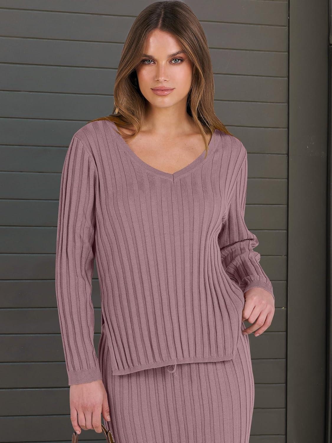imageANRABESS Womens 2 Piece Outfits Sweater Skirt Sets Casual Long Sleeve V Neck Ribbed Knit Tops Midi Dress 2025 Fall FashionLight Purple