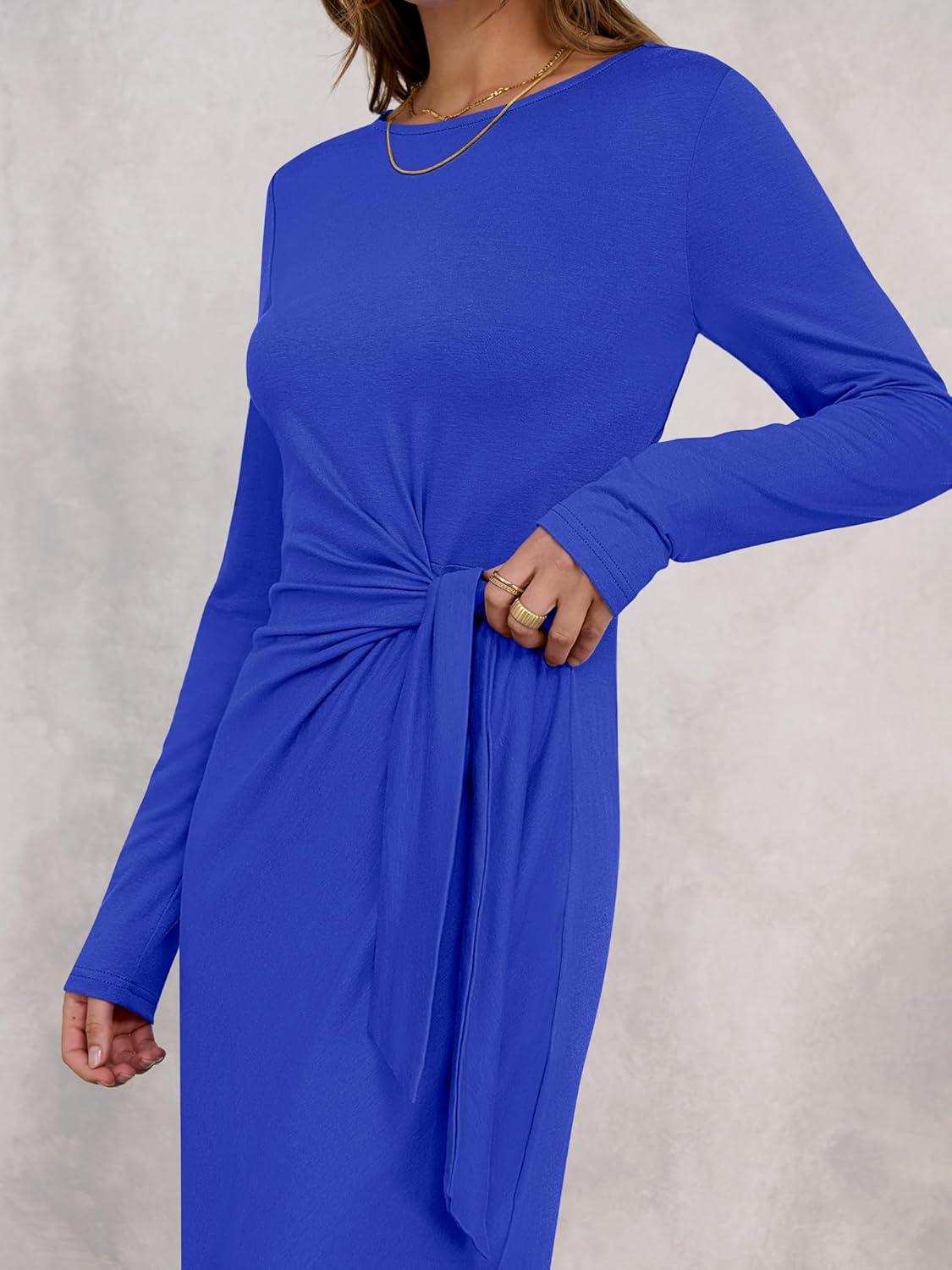 imageANRABESS Womens 2025 Fall Long Sleeve Maxi Dress Crewneck Tie Waist Slit Casual Long T Shirt Dresses Winter Trendy OutfitsRoyal Blue