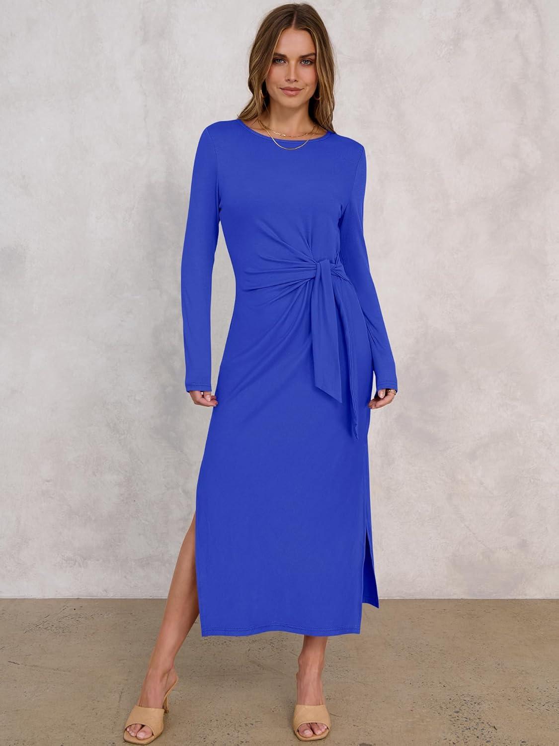 imageANRABESS Womens 2025 Fall Long Sleeve Maxi Dress Crewneck Tie Waist Slit Casual Long T Shirt Dresses Winter Trendy OutfitsRoyal Blue