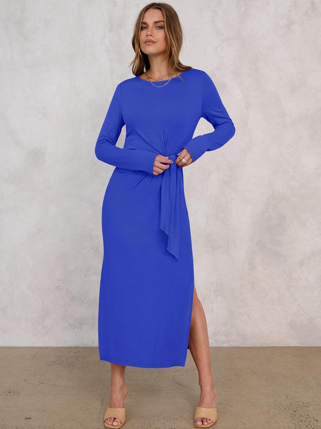 imageANRABESS Womens 2025 Fall Long Sleeve Maxi Dress Crewneck Tie Waist Slit Casual Long T Shirt Dresses Winter Trendy OutfitsRoyal Blue