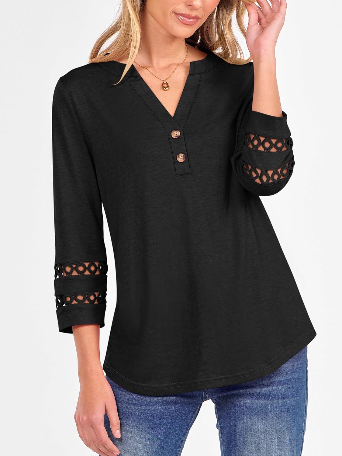 imageANRABESS Womens 34 Length Lace Sleeve Tops Henley V Neck Shirts Dressy Casual Business Blouses 2025 Fall TShirts OutfitsBlack