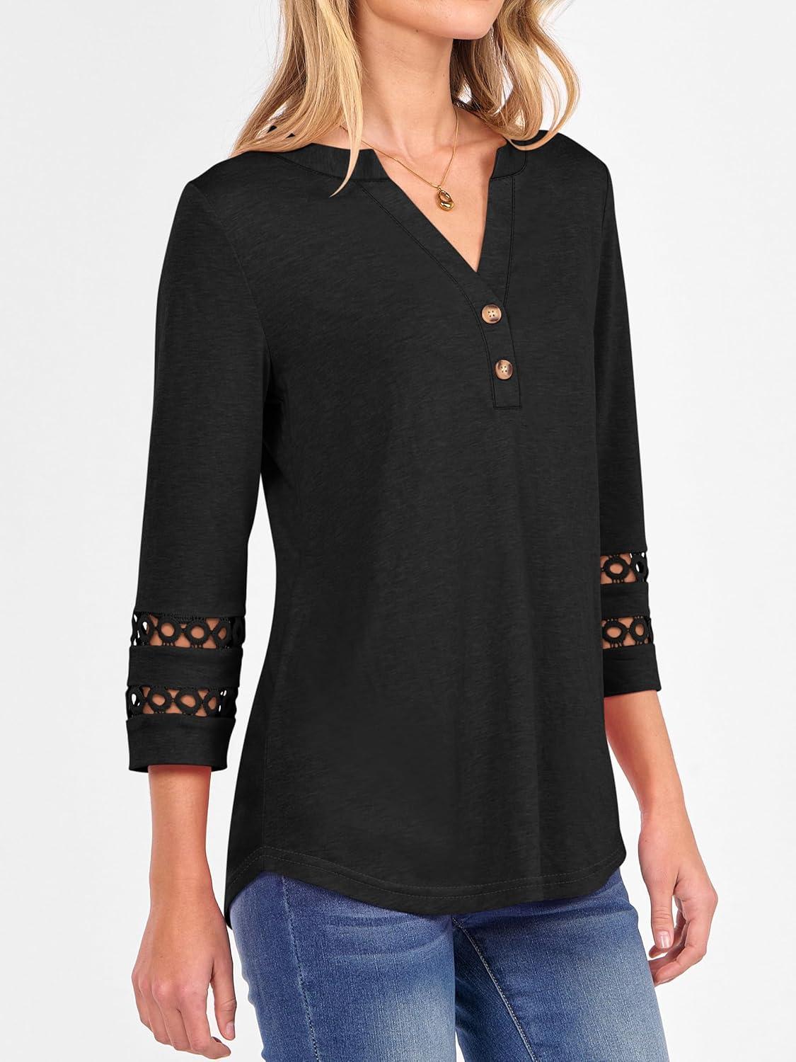 imageANRABESS Womens 34 Length Lace Sleeve Tops Henley V Neck Shirts Dressy Casual Business Blouses 2025 Fall TShirts OutfitsBlack