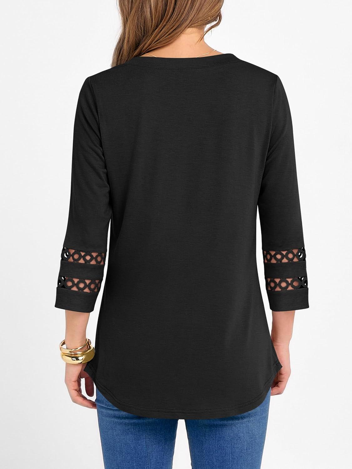 imageANRABESS Womens 34 Length Lace Sleeve Tops Henley V Neck Shirts Dressy Casual Business Blouses 2025 Fall TShirts OutfitsBlack