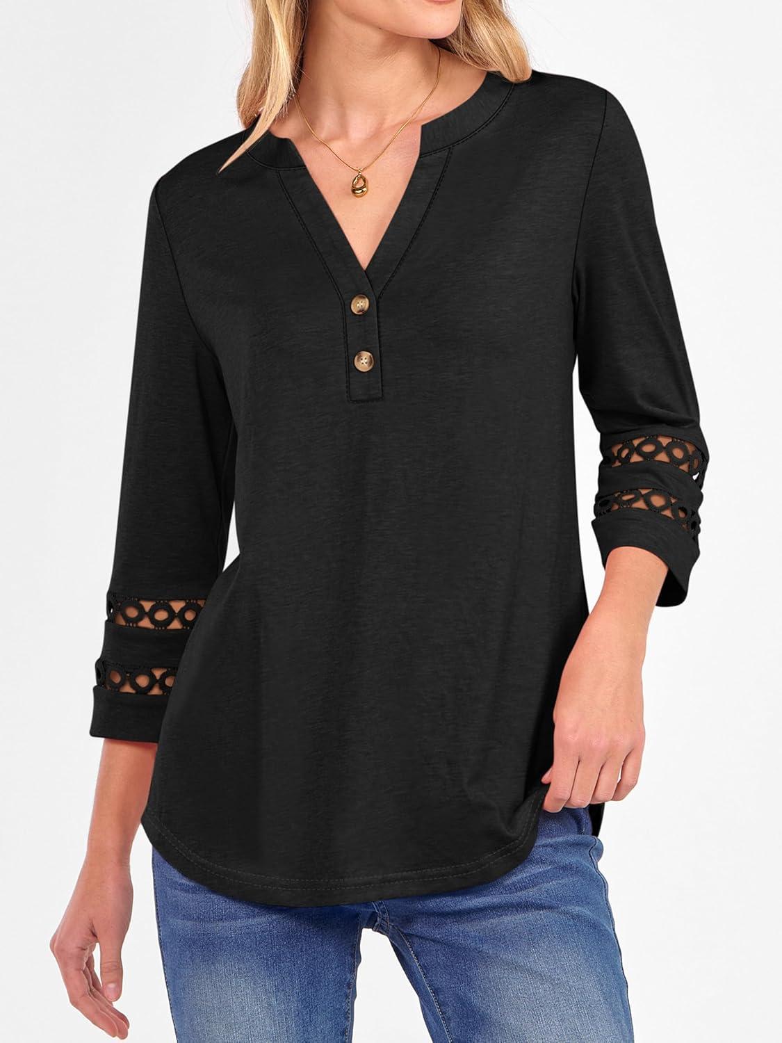 imageANRABESS Womens 34 Length Lace Sleeve Tops Henley V Neck Shirts Dressy Casual Business Blouses 2025 Fall TShirts OutfitsBlack