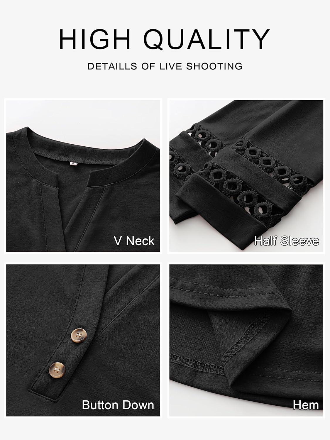 imageANRABESS Womens 34 Length Lace Sleeve Tops Henley V Neck Shirts Dressy Casual Business Blouses 2025 Fall TShirts OutfitsBlack