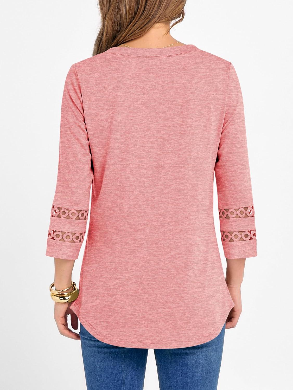 imageANRABESS Womens 34 Length Lace Sleeve Tops Henley V Neck Shirts Dressy Casual Business Blouses 2025 Fall TShirts OutfitsCoral