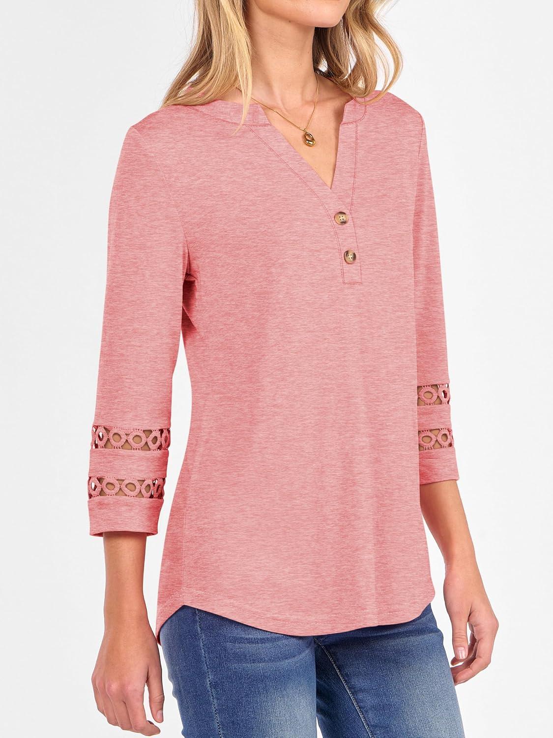 imageANRABESS Womens 34 Length Lace Sleeve Tops Henley V Neck Shirts Dressy Casual Business Blouses 2025 Fall TShirts OutfitsCoral
