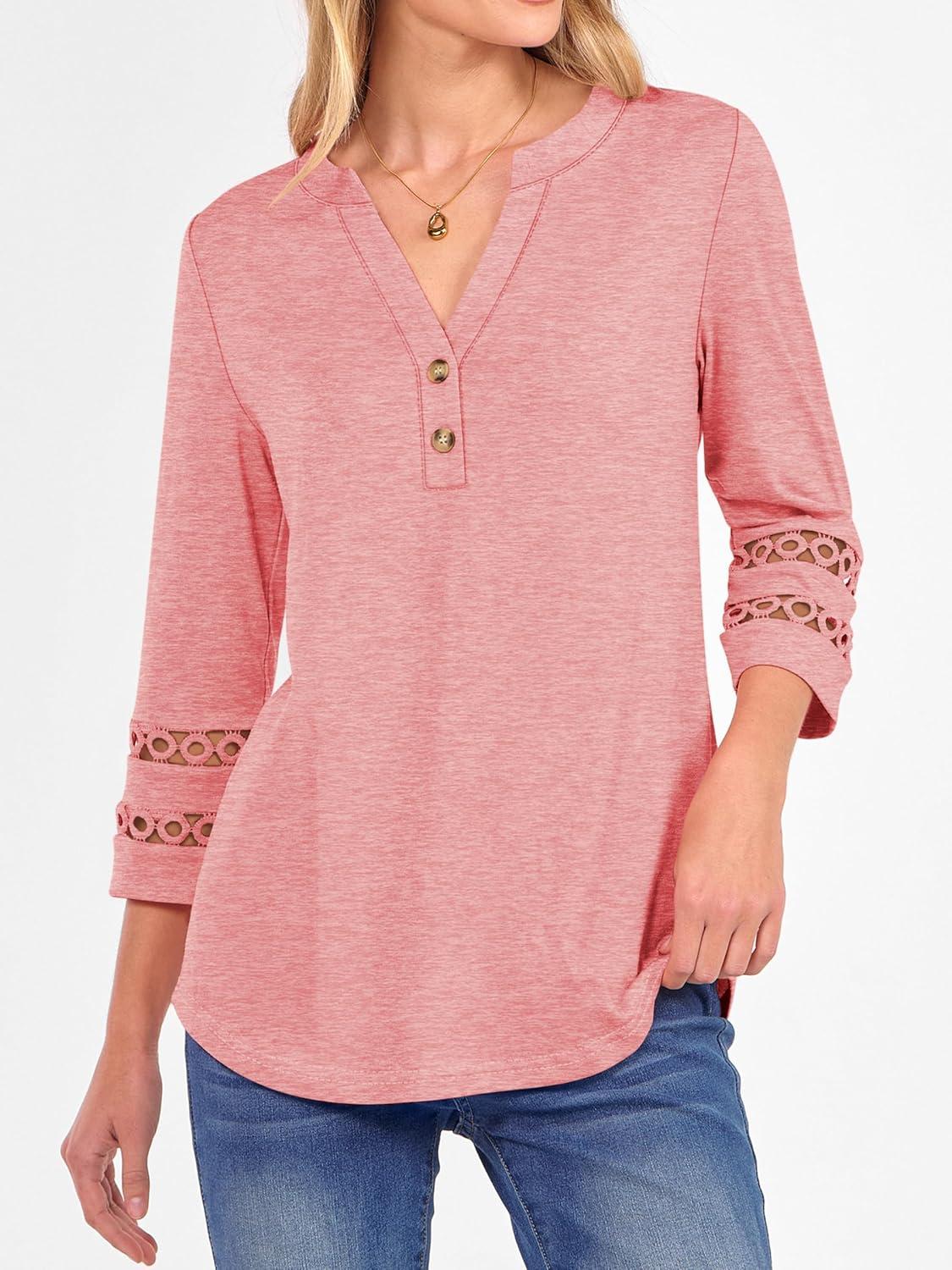 imageANRABESS Womens 34 Length Lace Sleeve Tops Henley V Neck Shirts Dressy Casual Business Blouses 2025 Fall TShirts OutfitsCoral