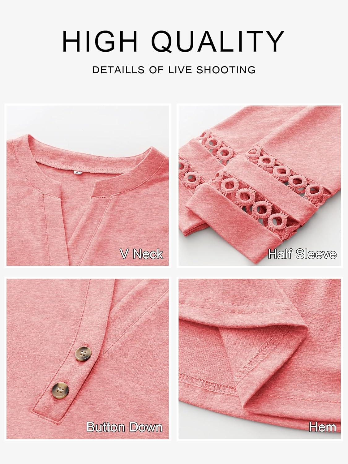 imageANRABESS Womens 34 Length Lace Sleeve Tops Henley V Neck Shirts Dressy Casual Business Blouses 2025 Fall TShirts OutfitsCoral