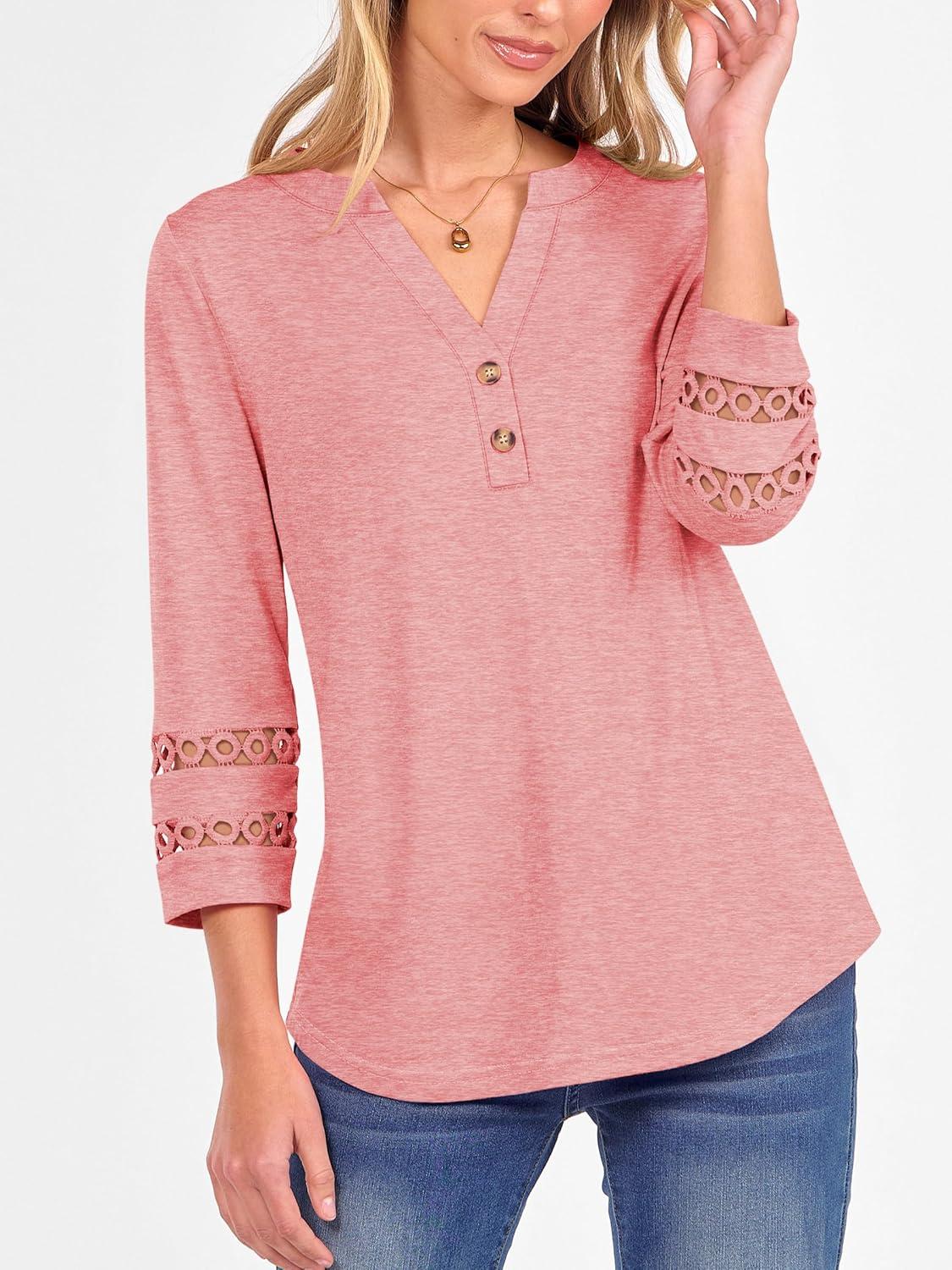 imageANRABESS Womens 34 Length Lace Sleeve Tops Henley V Neck Shirts Dressy Casual Business Blouses 2025 Fall TShirts OutfitsCoral