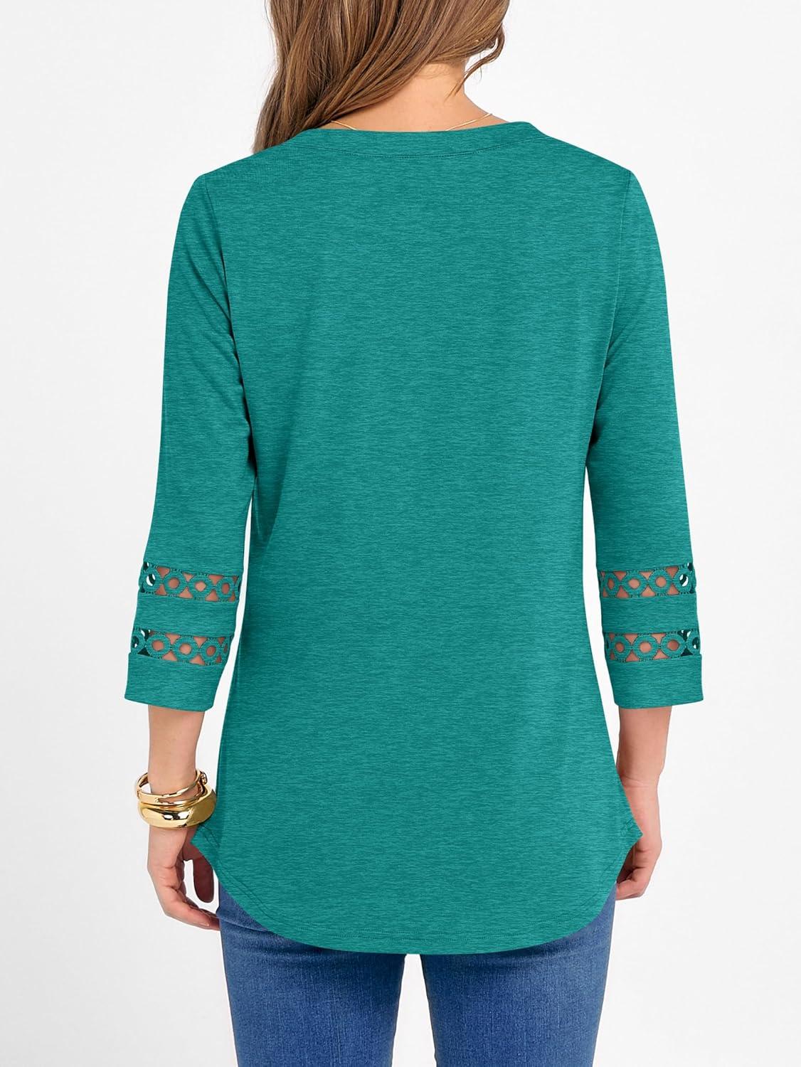 imageANRABESS Womens 34 Length Lace Sleeve Tops Henley V Neck Shirts Dressy Casual Business Blouses 2025 Fall TShirts OutfitsCyan Green