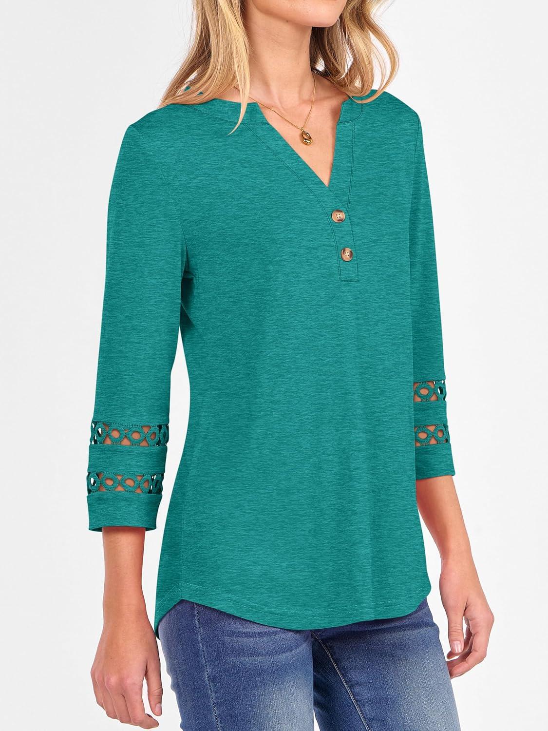 imageANRABESS Womens 34 Length Lace Sleeve Tops Henley V Neck Shirts Dressy Casual Business Blouses 2025 Fall TShirts OutfitsCyan Green