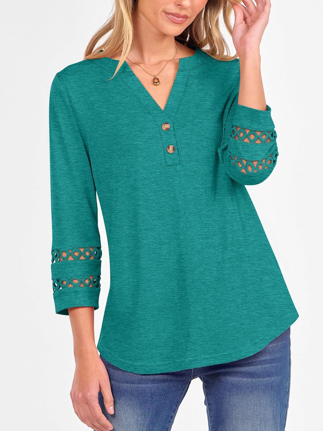 imageANRABESS Womens 34 Length Lace Sleeve Tops Henley V Neck Shirts Dressy Casual Business Blouses 2025 Fall TShirts OutfitsCyan Green