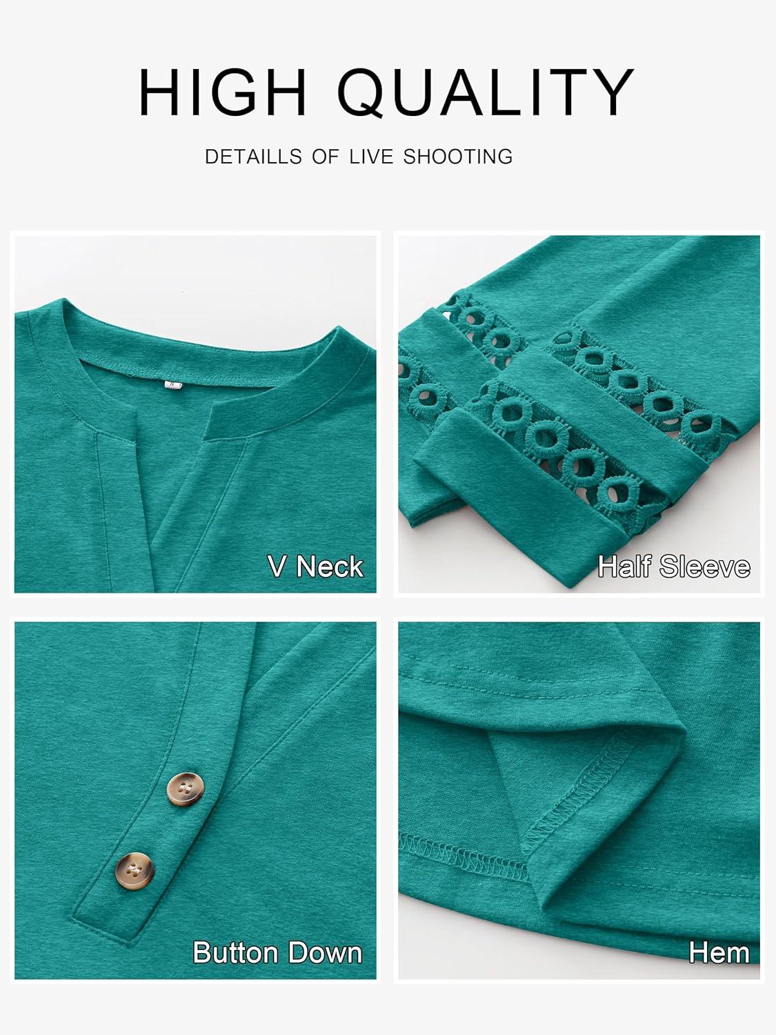 imageANRABESS Womens 34 Length Lace Sleeve Tops Henley V Neck Shirts Dressy Casual Business Blouses 2025 Fall TShirts OutfitsCyan Green