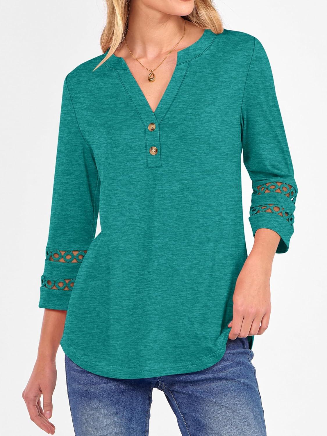 imageANRABESS Womens 34 Length Lace Sleeve Tops Henley V Neck Shirts Dressy Casual Business Blouses 2025 Fall TShirts OutfitsCyan Green