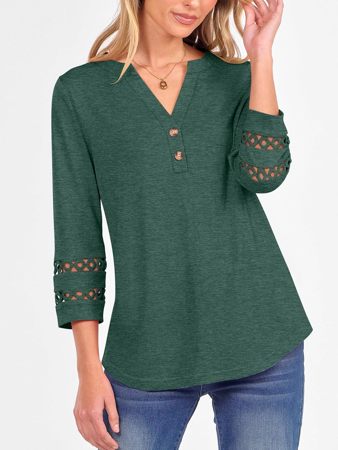 imageANRABESS Womens 34 Length Lace Sleeve Tops Henley V Neck Shirts Dressy Casual Business Blouses 2025 Fall TShirts OutfitsForest Green