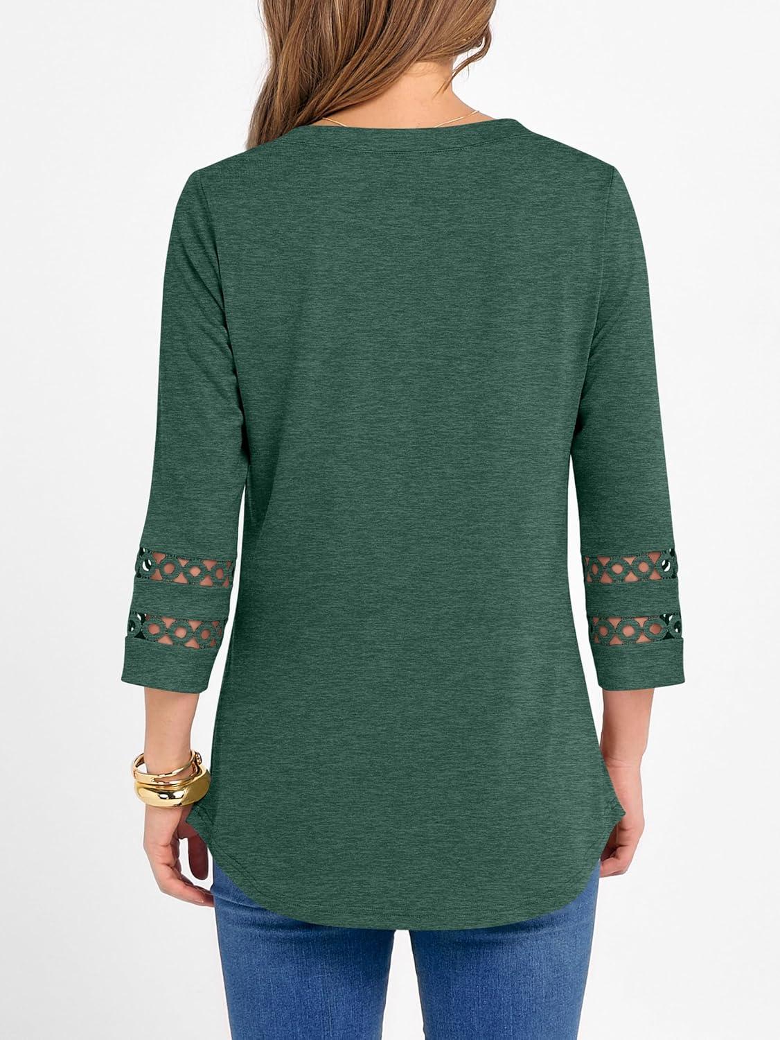 imageANRABESS Womens 34 Length Lace Sleeve Tops Henley V Neck Shirts Dressy Casual Business Blouses 2025 Fall TShirts OutfitsForest Green