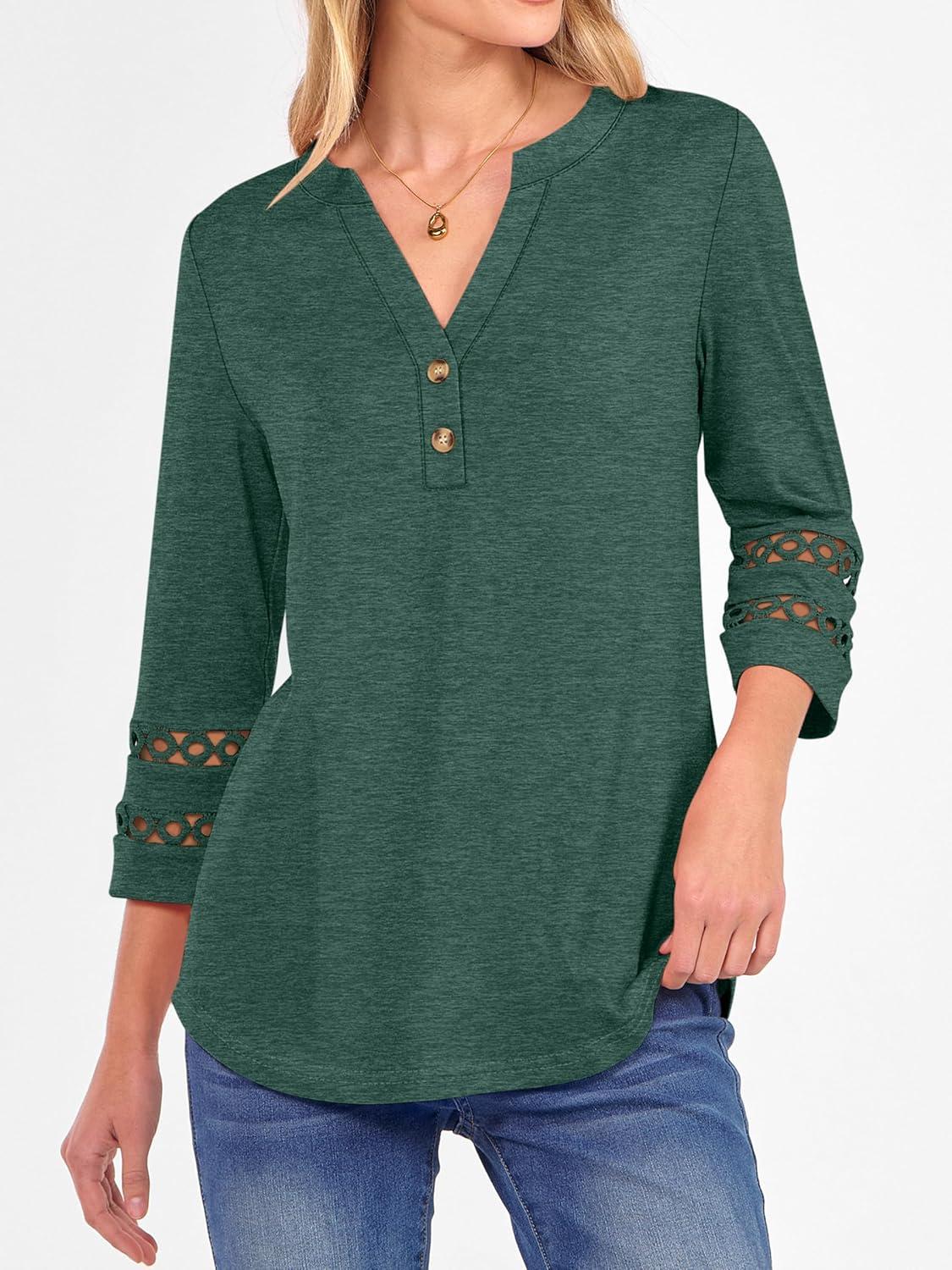 imageANRABESS Womens 34 Length Lace Sleeve Tops Henley V Neck Shirts Dressy Casual Business Blouses 2025 Fall TShirts OutfitsForest Green