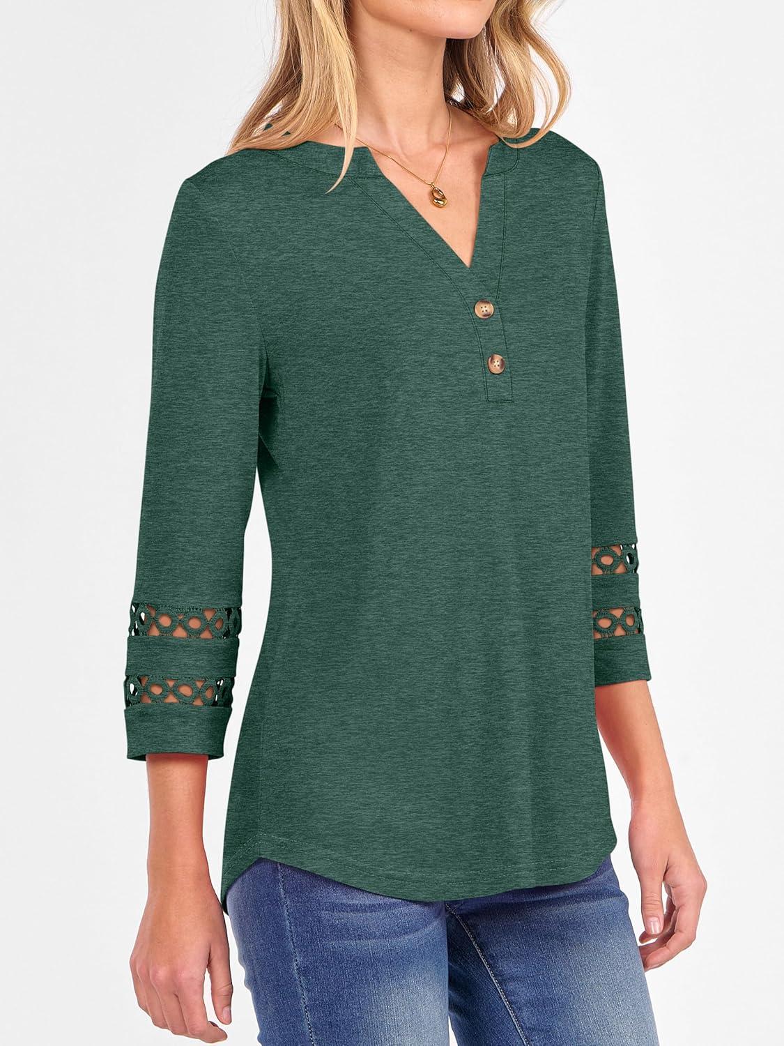 imageANRABESS Womens 34 Length Lace Sleeve Tops Henley V Neck Shirts Dressy Casual Business Blouses 2025 Fall TShirts OutfitsForest Green