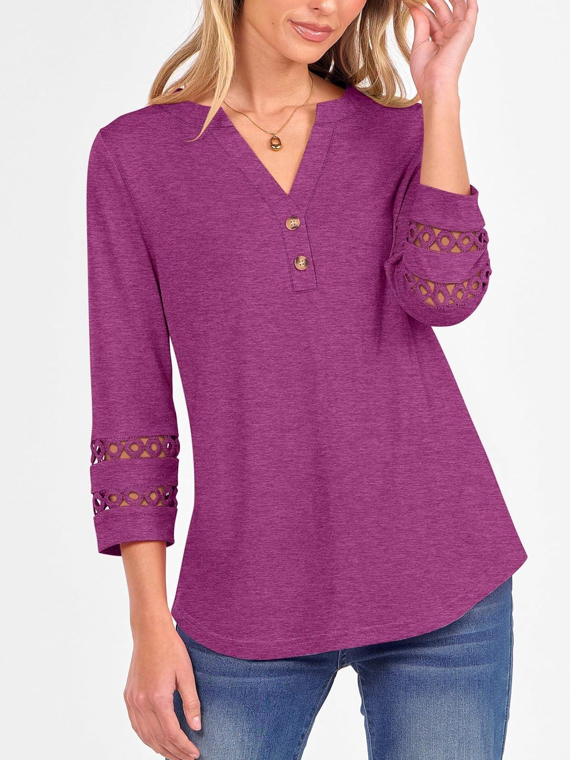 imageANRABESS Womens 34 Length Lace Sleeve Tops Henley V Neck Shirts Dressy Casual Business Blouses 2025 Fall TShirts OutfitsFuchsia