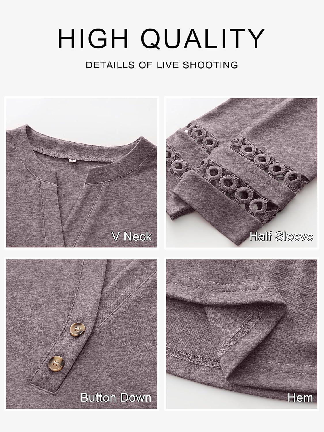 imageANRABESS Womens 34 Length Lace Sleeve Tops Henley V Neck Shirts Dressy Casual Business Blouses 2025 Fall TShirts OutfitsTaupe